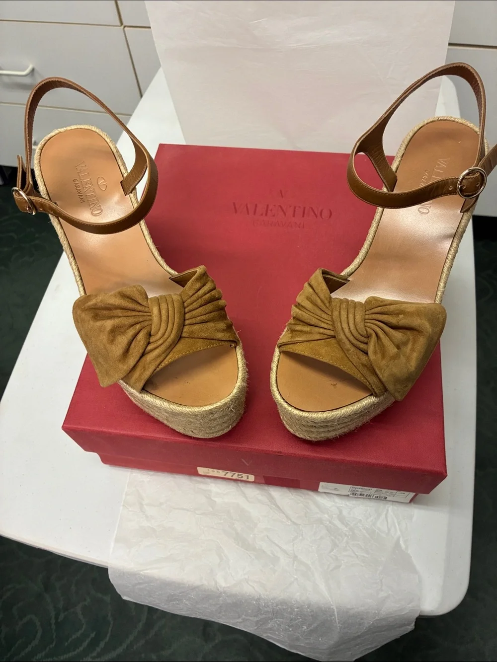 Valentino Garavani Tan Suede Knot Espadrille Wedge Sandals